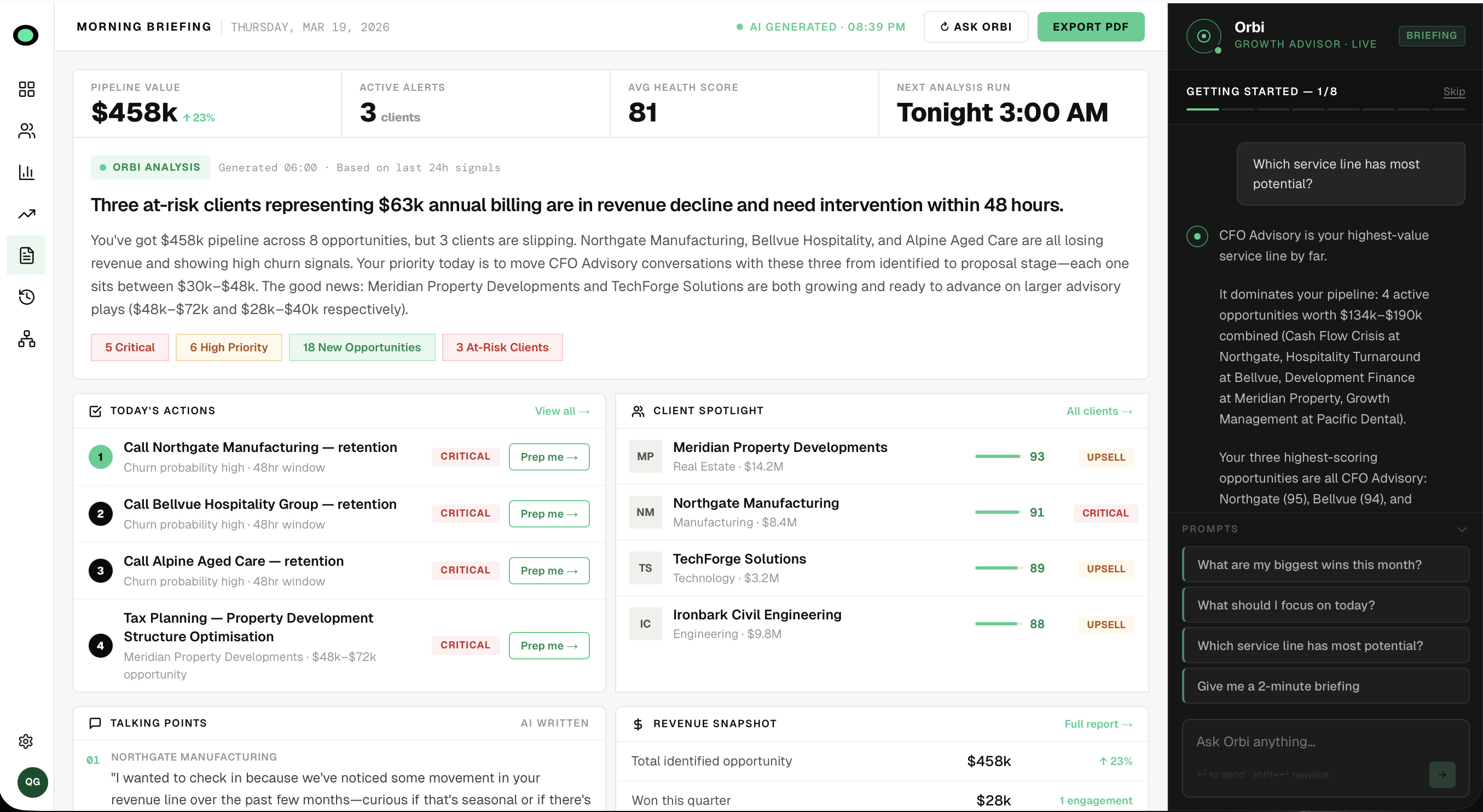 Orbitify — morning briefing showing $458k pipeline value with Orbi AI chat panel