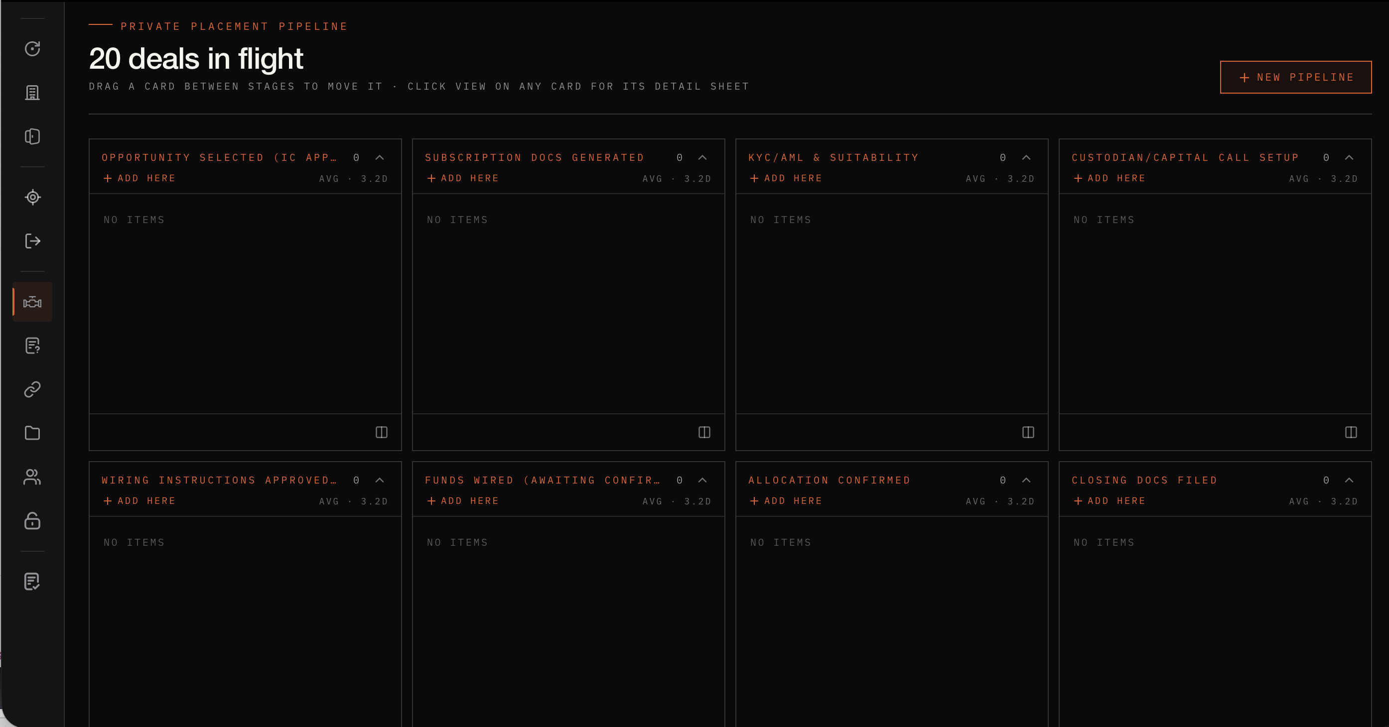 Configurable per engagement type — Private Placement shown, every stage mapped.