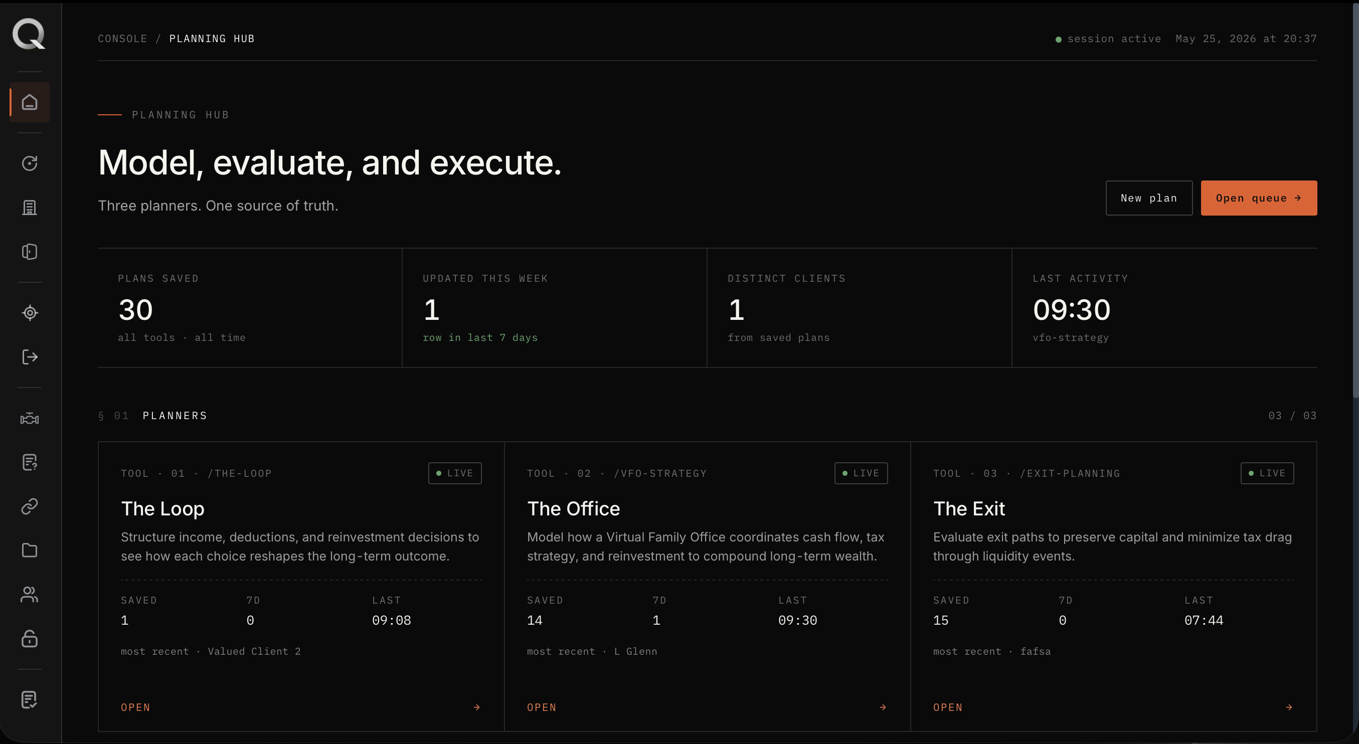 QHub — Planning Hub showing The Loop, The Office, and The Exit modules